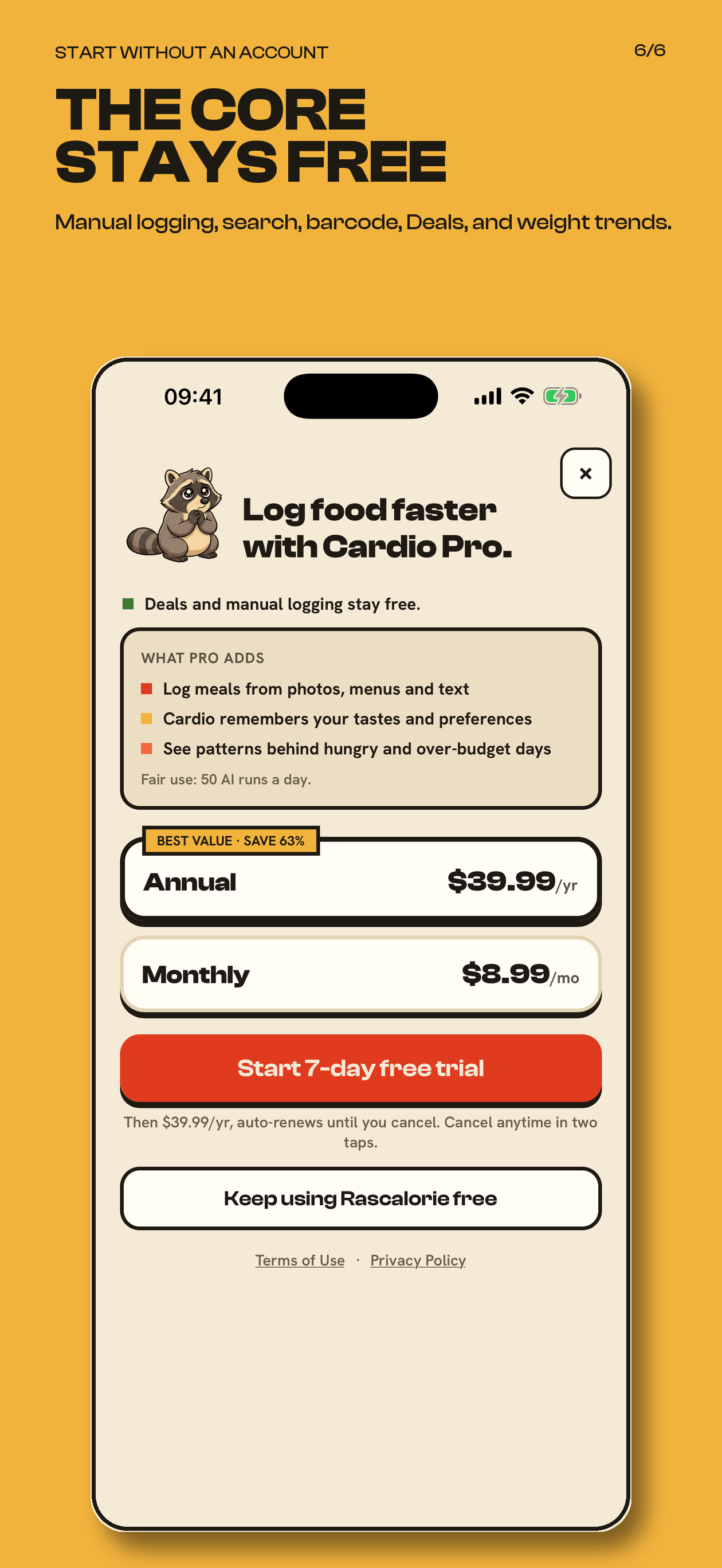 Rascalorie Pro screen explains that core tracking stays free
